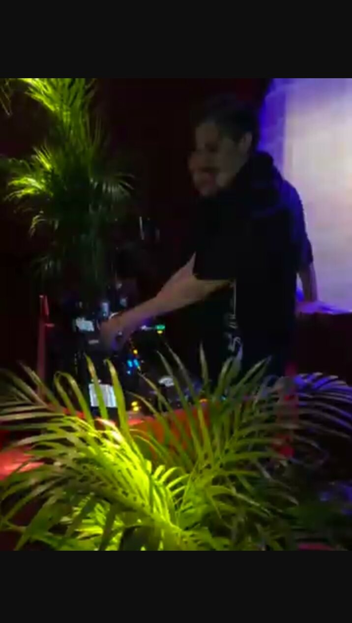 Playing between palm plants at a private party